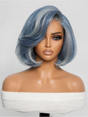 PreMax Wigs | Super Natural Hairline Smoky Blue with Silver Bob Glueless 13x4 Frontal Lace Human Hair Short Wig Pre-Cut Lace
