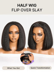 3-In-1 Half Wig 180% Density Kinky Straight Bob Glueless Flexi-Fit Drawstring Wig