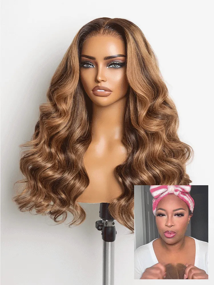 Sun-Kissed Warm Tone Brown with Blonde Highlights 180% Density Loose Wave Glueless 5x5 Closure Lace Wig Pre-Cut Lace