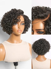 Natural Black / Brown Highlight Water Wave Pixie Cut Glueless Minimalist HD Lace Short Curly Wig