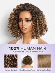 Ready to Go Blonde Highlight / Natural Black / Ombre Brown Water Wave Short Curly Bob Wig Glueless Minimalist HD Lace Wig Pre-Cut Lace