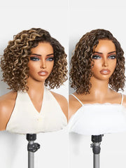 Ready to Go Blonde Highlight / Natural Black / Ombre Brown Water Wave Short Curly Bob Wig Glueless Minimalist HD Lace Wig Pre-Cut Lace