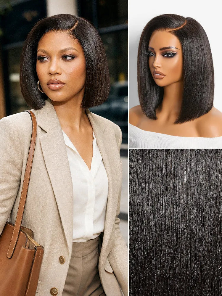200% Density Natrual Black Yaki Straight Bob Glueless Minimalist Lace Wig Pre-cut Lace All-Day Comfort Cap
