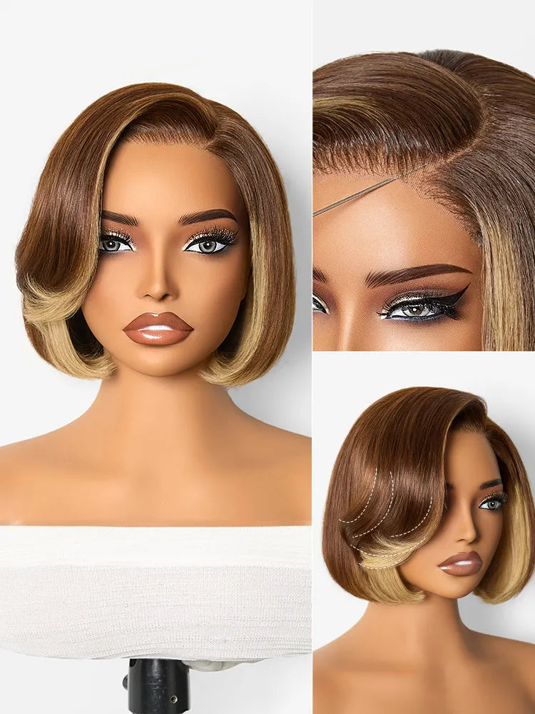 All-Day Comfort Honey Blonde Face-Framing Highlights Blow Out Layered Cut Glueless 5x5 Closure Lace Bob Wig Pre-cut Lace