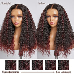 Burgundy Tails Highlight Deep Wave Glueless 13x4 Frontal HD Lace Long Wig 100% human hair